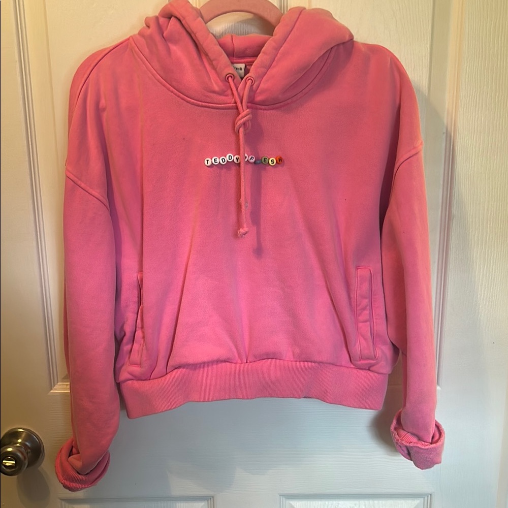 Teddy Fresh Cropped Pink Long Sleeve Hoodie